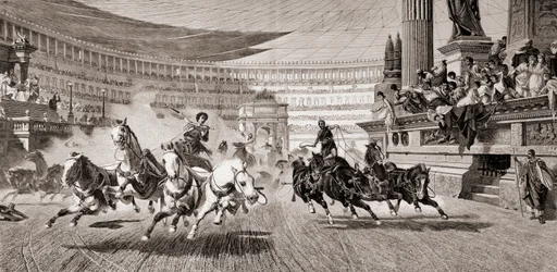 Wagenrennen bei römischen Spielen, nach einem Gemälde von Alejandro Wagner, aus 